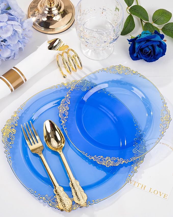 Nervure 175PCS Blue Plastic Plates - Disposable Blue Gold Party Plates & Pre Rolled Napkins with Cutlery for 25 Guests, 50Plates, 75Silverware, 25Cups, 25Napkin for Wedding & Party & Independence Day