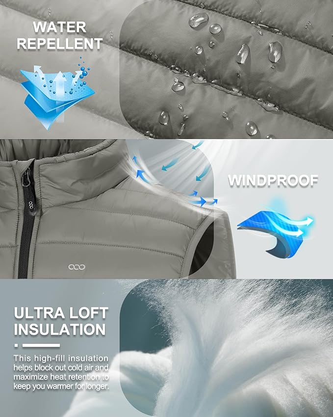 33,000ft Men's Lightweight Packable Insulated Puffer Vest Outerwear, Warm Winter Sleeveless Jacket for Golf Running