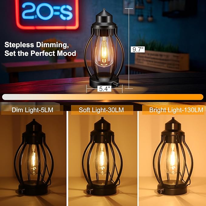 pearlstar Lantern Rechargeable Lamps Decorative Outdoor & Indoor, 2 Pack Vintage Portable LED Lanterns with Fully Dimmable Modes, Camping Lamp Outdoor Lantern for Table Patio Garden Yard Pathway Porch