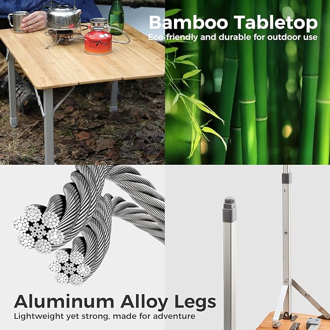 ATEPA Wooden Folding Table, Adjustable Height Folding Tables Environmental Bamboo Camping Table with Aluminum Legs Carry Bag for Travel Picnic Beach Fishing Outdoor Indoor, 2-4 Person