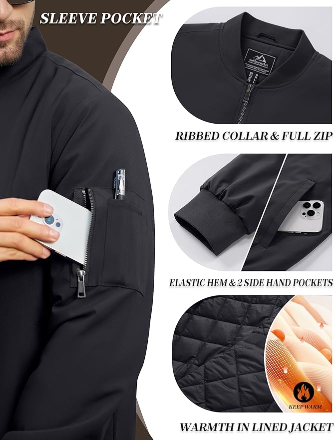 Cotrasen Mens Bomber Jacket Fall Winter Warm Windbreaker Casual Full Zip Padded Coats with Pockets