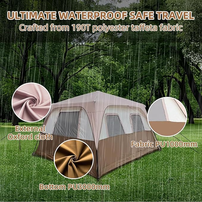 8 Person Instant Cabin Tents, Large Waterproof Tents for Camping, Family Tent Include Pre Installed Pole for Easy Installation, Storage Bag, Rainfly, 2 Mesh Door, Big Tent for Picnic, Hiking Party