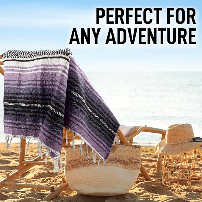 Authentic Large Handwoven Mexican Blanket - Soft Yoga- Durable Serape- Lightweight Falsa, Beach, Camping, Picnic, Outdoor Blanket 70"x50" - Lavender Jade
