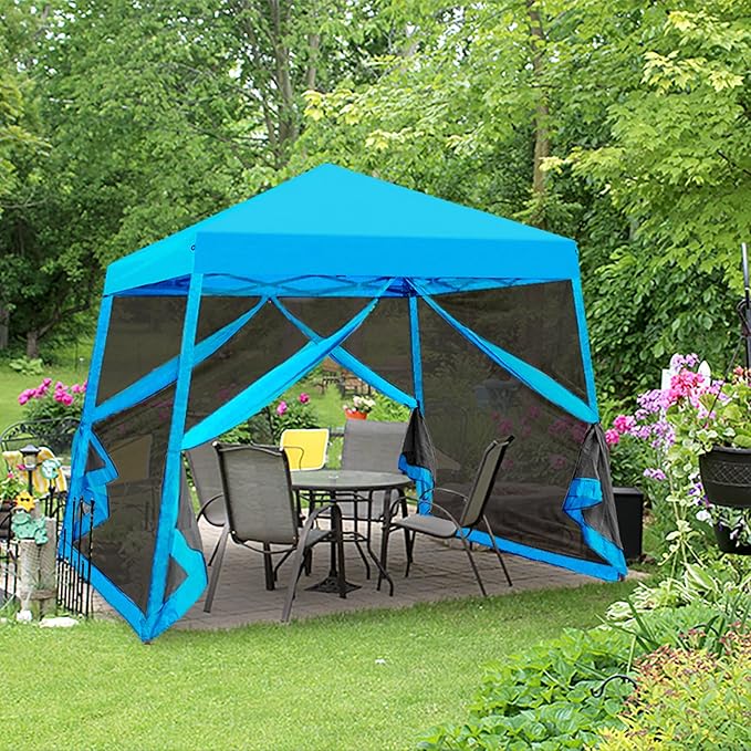 EAGLE PEAK 10x10 Slant Leg Easy Setup Pop Up Canopy Tent with Mosquito Netting 64 sqft of Shade, Light Blue