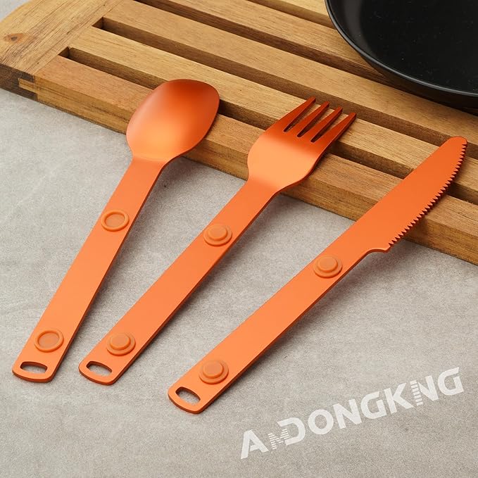 Magnetic Camping Cutlery Set, Flatware Utensils Set, Knife, Fork & Spoon, Travel Utensils for Camping, Cooking, and Outdoor Dining, 3-Pack, Orange