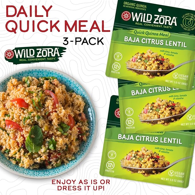Wild Zora Instant Organic Quinoa Meals - Quick & Tasty Prepared Quinoa Bowls, Pantry Staples Gluten-Free Meal w/Lentils Plus 10g Olive Oil Packet - Baja Citrus w/Tomato, Lime & Cilantro (3-Pack)