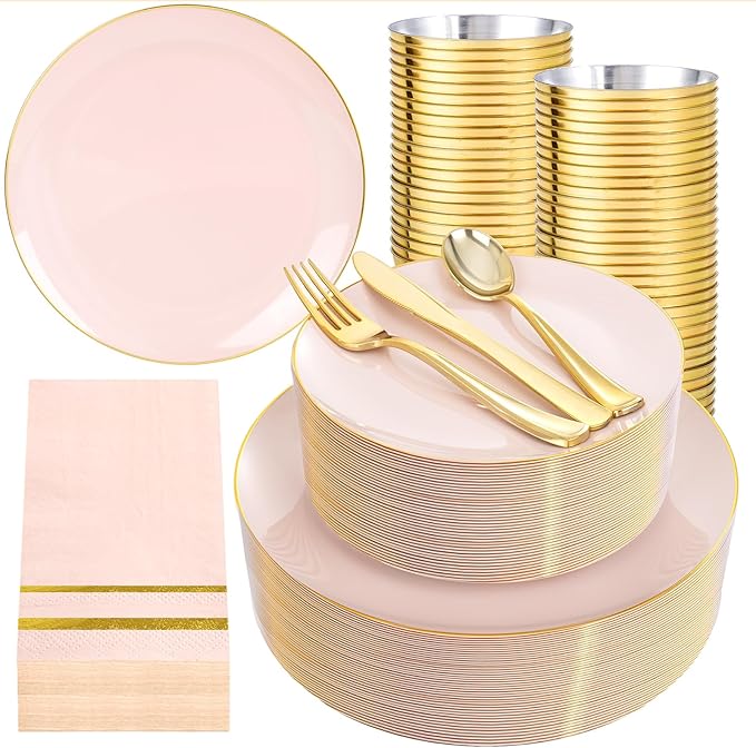 NOCCUR 350PCS Pink and Gold Plastic Plates - Pink Disposable Plastic Dinnerware Set for 50 Guests Include 50 Dinner Plates,50 Dessert Plates,150 Gold Cutlery,50 Cups&50 Napkins for Party&Wedding