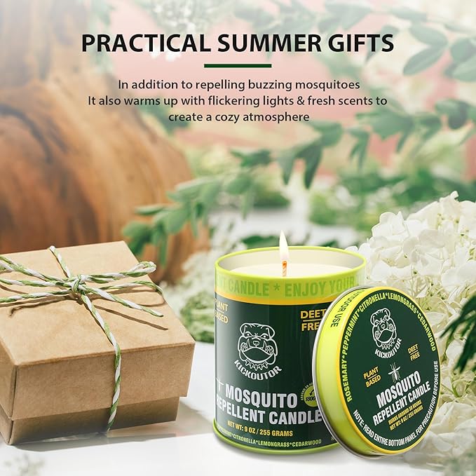 KICKOUTOR® Mosquito Repellent Citronella Candles Outdoor, 2-Pack | Total 18 Ounce 60-Hour DEET-Free Bug Protection for Patio Camping Picnic Backyard Room, Infused with 5 Plant Essential Oils