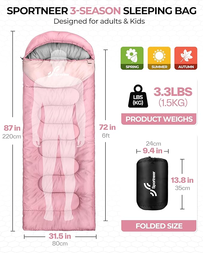 Sportneer Sleeping Bags for Adults, Warm & Cold Weather Sleeping Bag for Adults Kids Boys Girls - Lightweight Compact Camping Gear Equipment, Traveling, Backpacking, Hiking