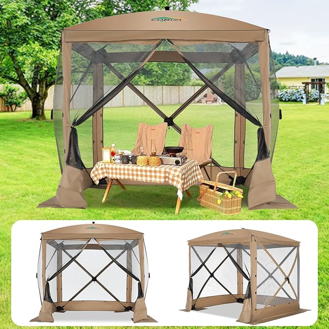 COBIZI 6x6 Pop up Gazebo Tent, Ez up Waterproof Screen Tent Screen House, Portable Outdoor Canopy Sun Shelter with Carry Bag & Ground Stakes for Camping, Garden and Picnics, Khaki(Upgraded 2.0)