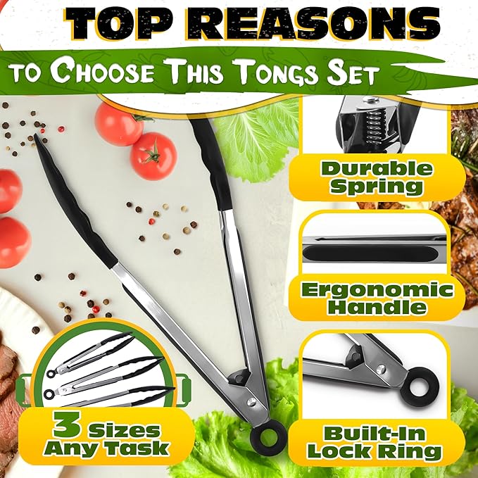 3Pcs Kitchen Tongs with Silicone Tips - Tong Set 7/9/12" | Silicone Tongs for Cooking Heat Resistant up to 480°F, Non Stick, Built-In Lock Ring - Stainless Steel Kitchen Utensils for Cooking & Serving