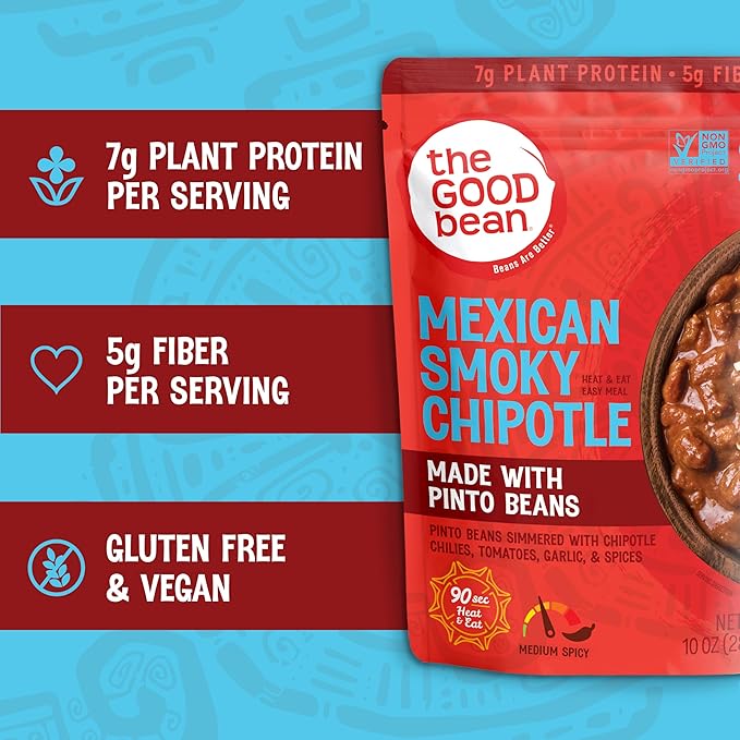 The Good Bean Heat and Eat Pouch - Mexican Smoky Chipotle - (4 Pack) 10 oz Pouch - Simmered Pinto Beans with Chipotle Chilies - Pre-Cooked Beans with Good Source of Plant Protein and Fiber