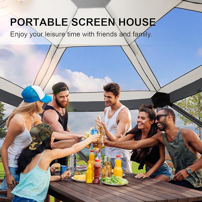 COBlZl Pop Up Gazebo 12x12 Screen House Tent for Camping, Outdoor Instant Stargazing Gazebo Canopy with Awning 2.0, Portable Hub Tent with Mosquito Netting, Pavilion for Backyard,Gray