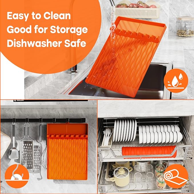 2-Pack Silicone Griddle Mat for Blackstone – Heat-Resistant Utensil Holder with Drip Tray, Non-Slip BBQ Tool Organizer for Grill, Kitchen Countertop & Outdoor Cooking Accessories(Orange)