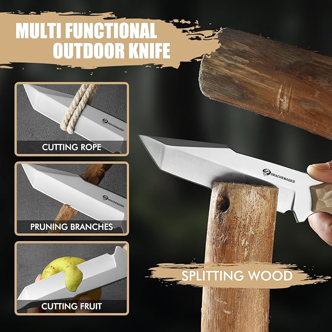 9.29“ Fixed Blade Knife with Sheath, 5.04" Blade in 5cr14mov Steel, Tactical for Men, Survival Knife with ABS Handle,Full Tang Design Khaki-Sliver