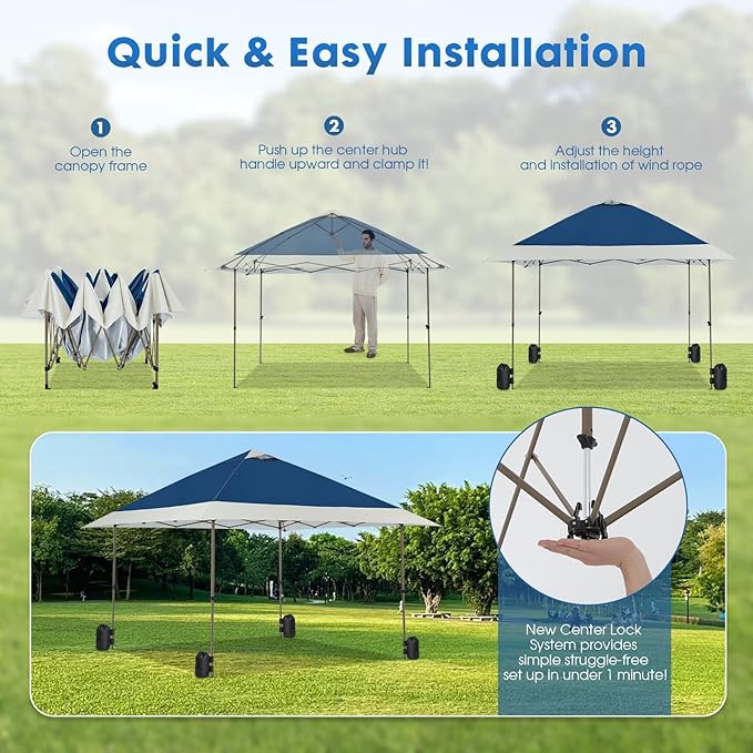 OUTDOOR LIVING SUNTIME 13x13 Instant Easy Pop Up Canopy,Portable Commercial Gazebo Camping Gazebo Tent Shelter with Wheeled Roller Carry Bag, Bonus Weight Sandbags, Stakes, Ropes - Navy