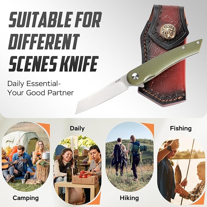 Folding Pocket Knife with Leather Sheath, 2.79” 14C28N Steel Blade Micarta Handle Flipper Liner Lock Small EDC Folding Knife, Sharp Camping Hunting Outdoor Survival Knives for Men Women (Green)