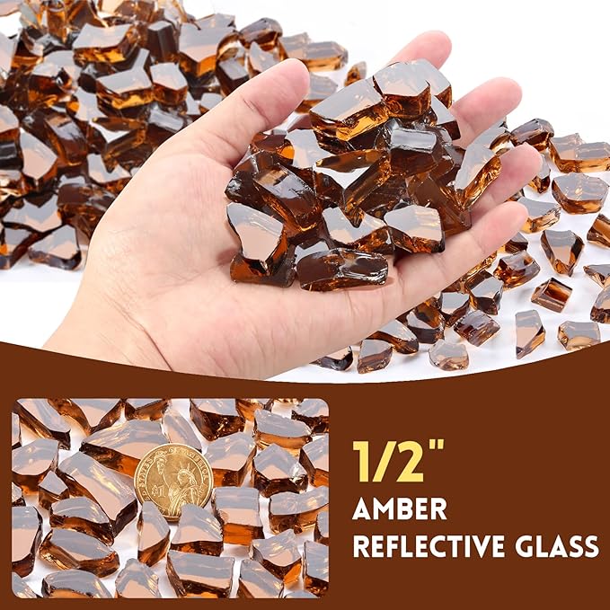 10 Pounds Fire Glass 1/2 Inch High Reflective Tempered Firepit Glass Rocks for Fireplace, Fire Pit Table, Fire Bowl and Landscaping (Amber)