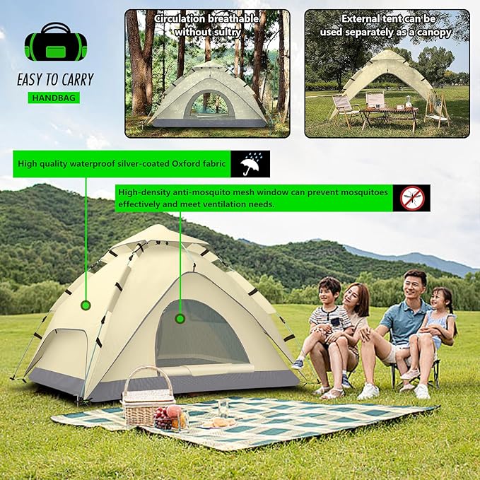 Instant Pop Up Tent 2-3 Person Reactive Outdoor Tent with Mesh Windows 3 Second Setup Waterproof & Portable for Camping & Hiking, Backpacking