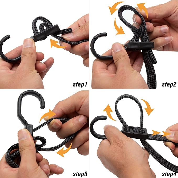 Bungee Cords, Flat Adjustable Bungee Cords with Hooks Heavy Duty 48 Inch, Elastic Rubber Black Bungee Straps with Buckle Hooks for Outdoor, Camping, Tarps, Bike Rack, Tent, Truck, 6 Pack