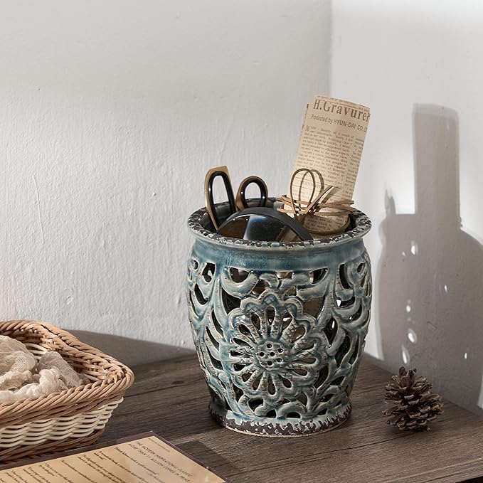 Farmhouse Kitchen Utensil Holder for Kitchen Counter, Ceramic Large Cooking Utensil Crock with Cork Mat, Decorative Rustic Utensil Organizer for Countertop, Spatula, Grayish Blue