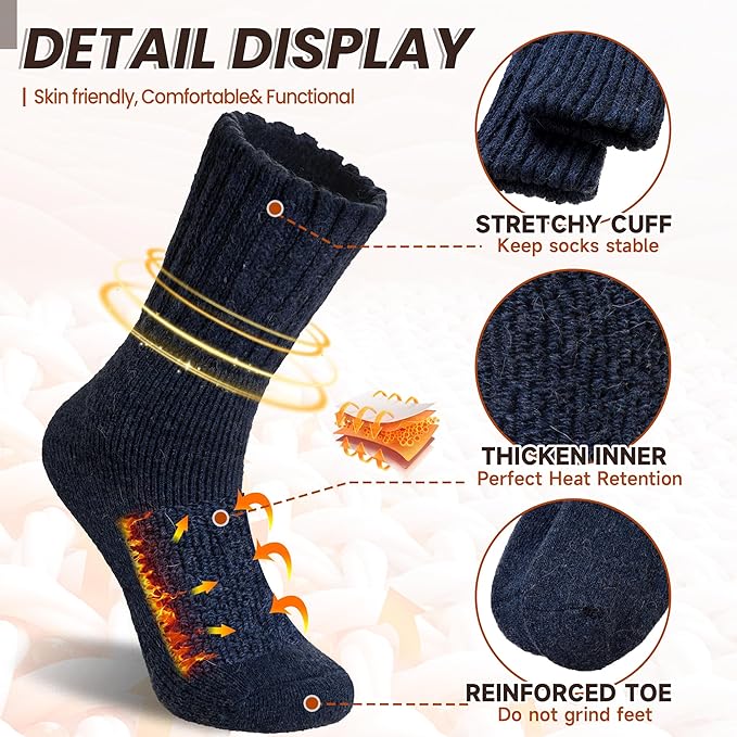 Eyean Merino Wool Socks Thermal Winter Ski Warm Thick Cozy Boot Hiking Socks for Women Men 3 Pairs