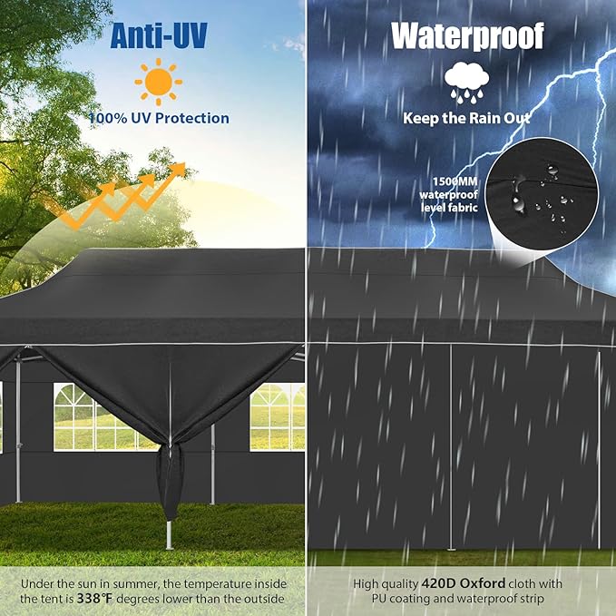 HOTEEL 10x30 Pop up Canopy Tent for Parties, Heavy Duty Easy Setup Tent with 8 Sidewalls, Outdoor Commercial Instant Gazebo for Wedding Event, with Portable Bag & Sand Bags, Black(Hexagonal Frame)
