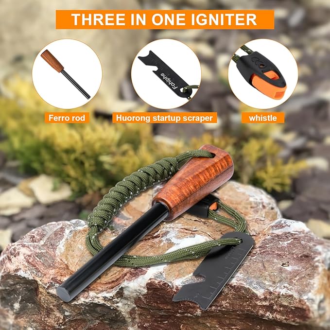 Fire Starter Survival Tool - Handmade Wooden Handle 3/8"" Thick Ferro Rod with Striker and Umbrella Rope Waterproof Iron Rod Flint and Steel Fire Starter Kit