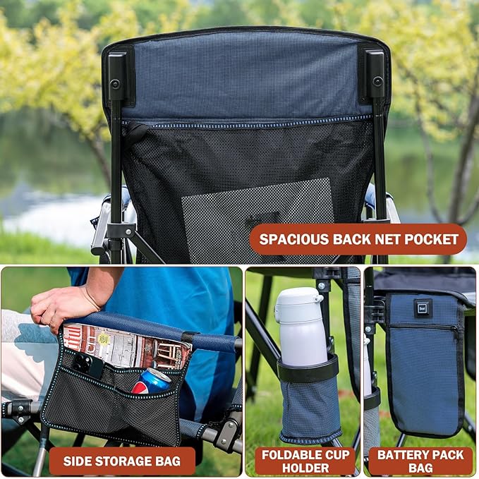 Heated Camping Chair Portable for Outdoor Sports Heavy Duty Heated Folding Lawn Chair Support 400lbs, Collapsible Heated Seat with Cup Holder&Carry Bag for Outside, Navy(2 Battery Pack Required)