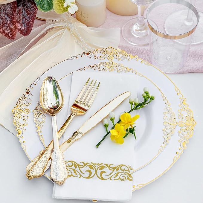 Nervure 350PCS Gold Plastic Dinnerware - White and Gold Disposable Plates for 50 Guests - 100 White Disposable Plates, 150 Plastic Silverware, 50 Cups, 50 Napkins for Wedding & Party & Thanksgiving