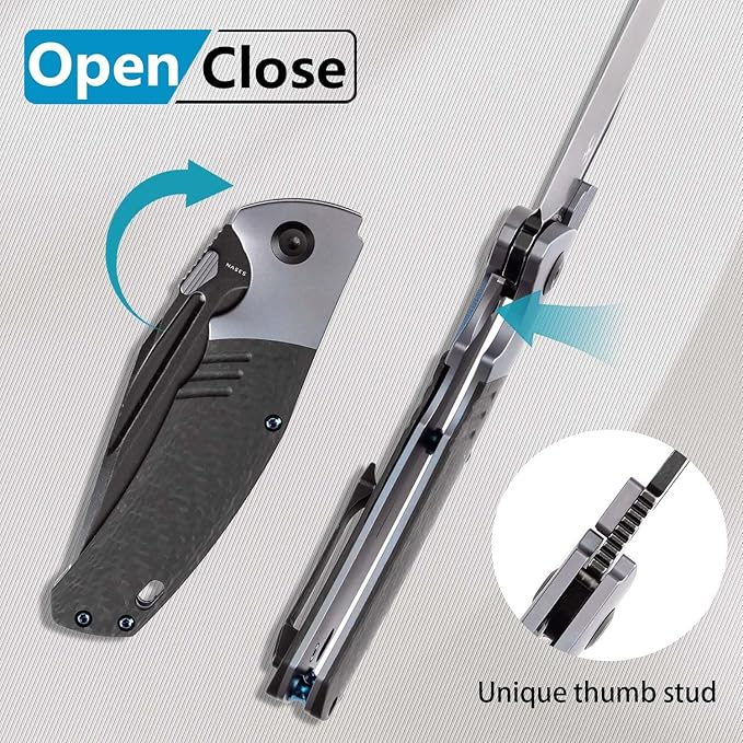 KANSEPT Hinterland Pocket Folding Knives for Men EDC Camping Folding Knife 3.58'' Blackwash CPM S35VN Blade Pocket Folding Knife with Blue Anodized Titanium Twill Carbon Fiber Inlay Handle K1057A1