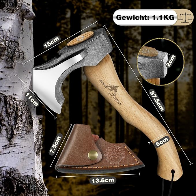 Purple Dragon Camping Hatchet 14.7 Inch Hand Forged Splitting Axe - Outdoor Wood Splitting, Chopping & Carving Tool with Leather Sheath, Bushcraft Survival Wooden Handle Axe for Garden & Forest Use