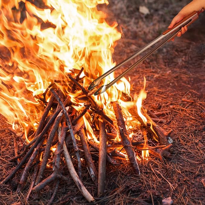 Fire Pit Tongs 32-inch Super Long for Loading Wood,BBQ with Extended Luxurious Acacia Handle for Fire Pits, Fire Rings,Campfires, and Fireplaces, Outdoor or Indoor 