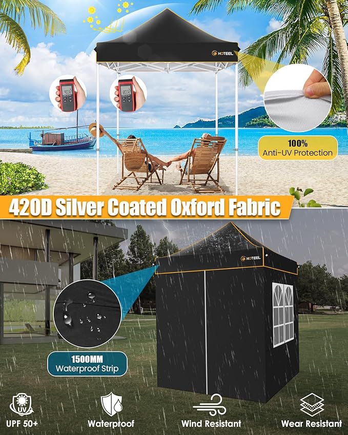 HOTEEL 6.6x6.6 Heavy Duty Pop Up Canopy Tent for Parties Event Wedding Commercial Instant Canopy with Carry Bag, Party Tent Waterproof UV 50+, Upgraded Thick Hexagonal Legs,Black