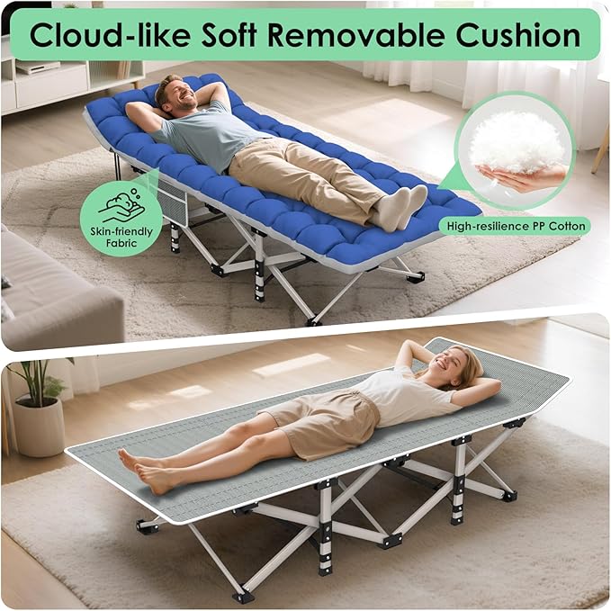 Suteck Camping Cot, Folding Camping Cot Bed for Adults Sleeping 1200D Double Layer Oxford Portable Folding Outdoor Cots for Camping W/Soft Pad Carry Bag for Home Office Nap Beach Travel, Stripe Blue