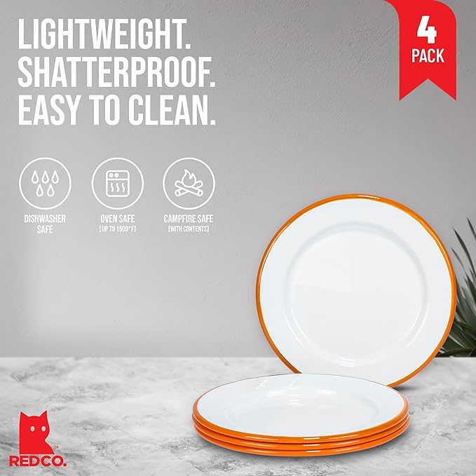 Red Co. Set of 4 Enamelware Metal Classic 8" Round Salad Plate, Solid White/Orange Rim