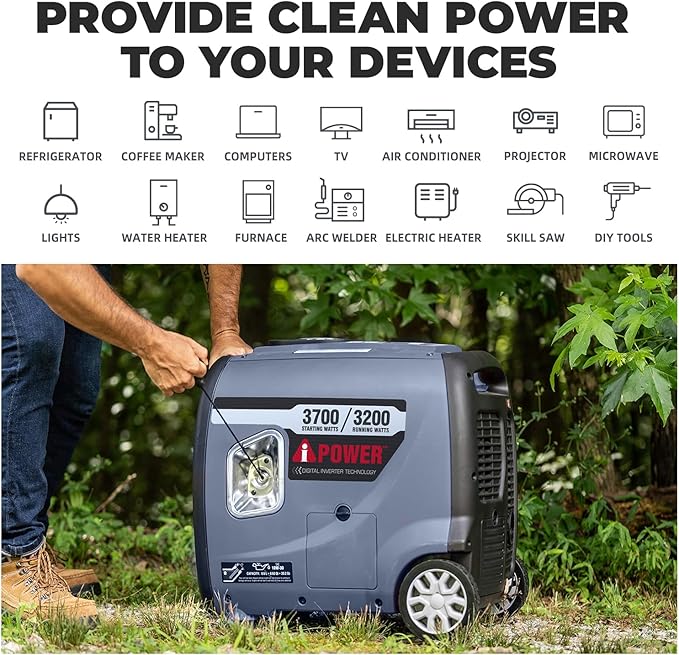 A-iPower Portable Inverter Generator, 3700W RV Ready, EPA Compliant, Portable with Telescopic Handle for Backup Home Use, Tailgating & Camping (AP3700i)