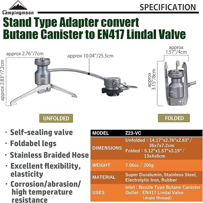 Butane Adapter Stand Type Remote Stove for Camping Backpacking Butane Gas Fuel Canister w/Hose Z23-VC (Silver)