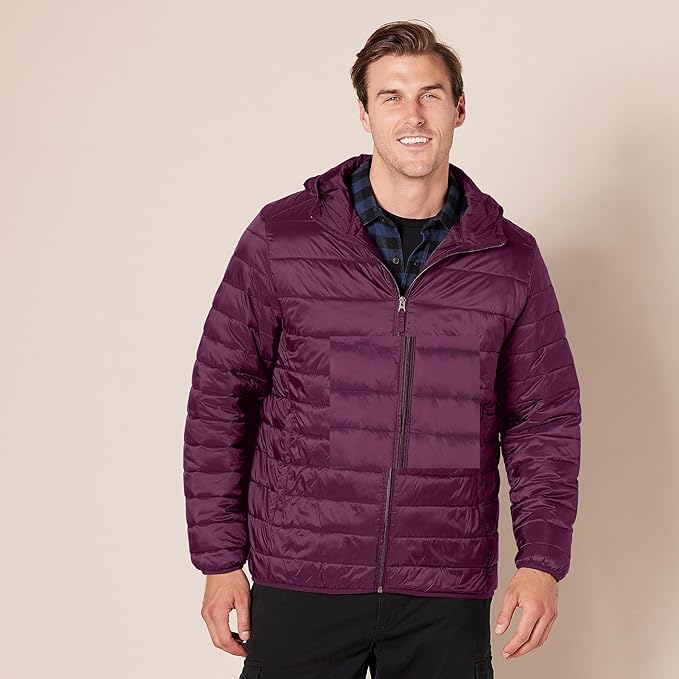Amazon Essentials Men's Lightweight Water-Resistant Packable Hooded Puffer Jacket