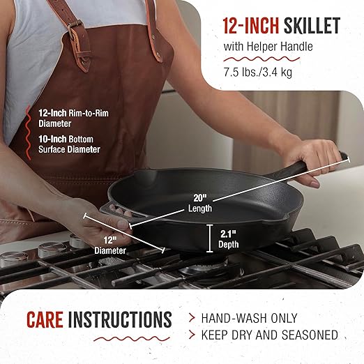 Victoria 12-Inch Cast Iron Skillet Set with Tempered Glass Lid, Large Handle Cover, and Pan Scraper
