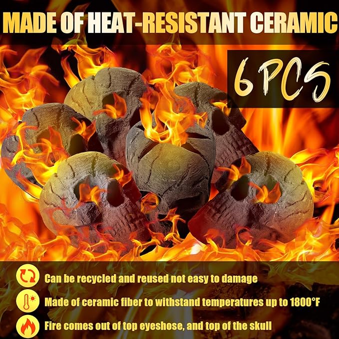 6 Pack Fire Pit Skulls 8.7 Inch Halloween Imitated Human Ceramic Firepit Head Fireproof Skulls Bonfire Accessories Fake Logs Halloween Decor for Gas Campfire Fireplace Wood Fires (Black)