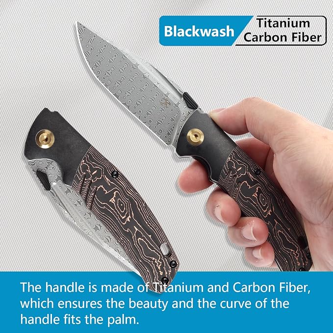 KANSEPT Hinterland Pocket Folding Knives for Men EDC Camping Folding Knife 3.58'' Damascus Blade Pocket Knife with Blackwash Titanium + Copper Carbon Fiber Handle Everyday Carry K1057A3