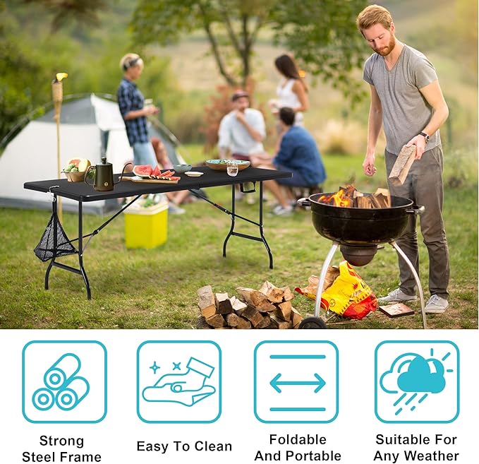 VECELO 6Ft Plastic Folding Table, Indoor Outdoor Portable Picnic Foldable Desk with Handle, Mesh Trash Bag&Lock Legs Heavy Duty for Camping,Dining&Party,Jet Black