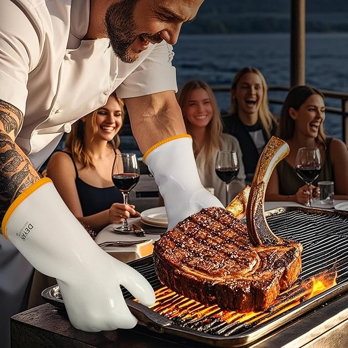 DEYAN Silicone BBQ & Oven Gloves - Food Grade, Heat Resistant Waterproof & Oil Proof Gloves for Grilling, Baking, Frying, Cooking - Long Sleeve & Non-Slip Grip, 1 Pair (White, 7/S)