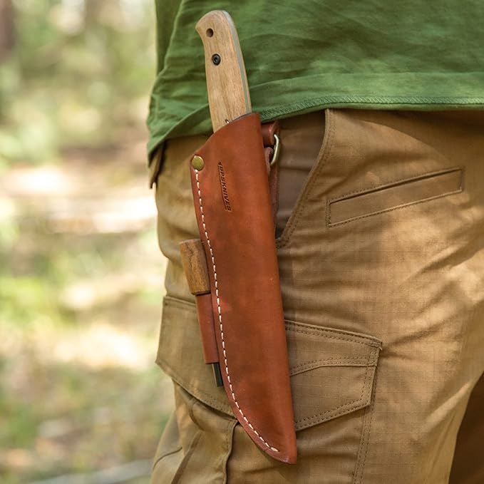 BPSKNIVES Adventurer - Bushcraft Knife - Fixed-Blade Carbon Steel Knife with Leather Sheath and Firestarter - Outdoor Full Tang Knives - Camping Knives - Survival Tactical Camp Knives