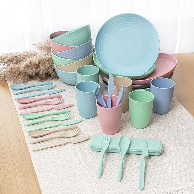 FOODLE Wheat Straw Dinnerware Set - BPA Free & Safety Certified - Lightweight & Unbreakable - Microwave & Dishwasher Safe - Camping, Dorm & RV Dishes - Reusable Kids Plates and Bowls Sets - For 6