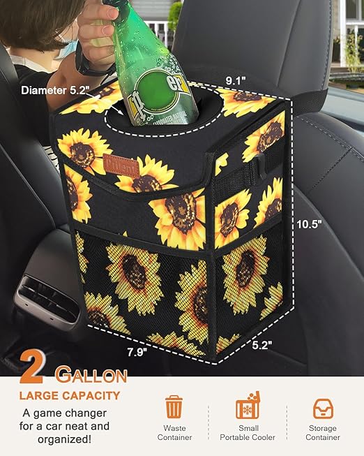 Car Trash Can with Lid, Cute Leakproof Car Trash Garbage Bag Hanging Vehicle Trash Bin Small Portable Automotive Garbage Cans Organizer for Back/Front Seat(Trapezoid,Black Sunflower