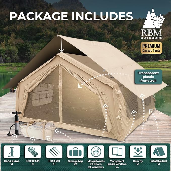 Coody | Rbm Outdoors Koala/Hub/Octopus Inflatable Tents for Camping with Stove Jack, 2/8/10 Person Luxury Canvas Blow Up Tent, 2 Room, Easy Setup Casa de Campaña, Large Inflatable House with Pump