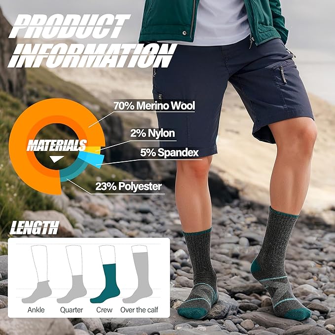 ANTSANG 5 Pairs Merino Wool Hiking Socks for Men & Women Thermal Winter Warm Moisture Wicking Cushion Boot Socks