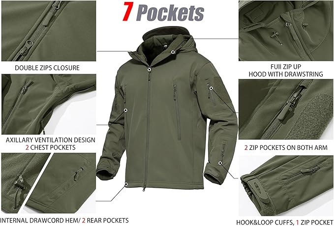 MAGCOMSEN Men's Tactical Jacket 7 Pockets Performance Fleece Lined Water Resistant Ski Snow Soft Shell Winter Coats